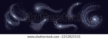 Effect of cold winter wind with snow. White air clouds with snowflakes and ice particles in shape of whirlwind, wave, spray and flow, vector realistic set isolated on transparent background