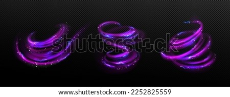 Electric swirl lines, neon light effect. Abstract magic energy waves. Purple glowing trails with lightnings, sparkles and blur isolated on transparent background, vector realistic set
