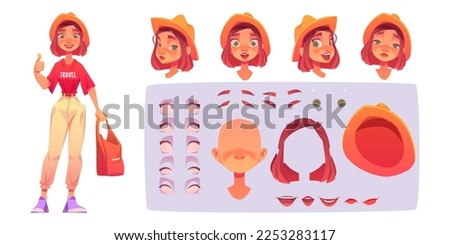Pretty traveler girl constructor. Vector cartoon illustration of young female character head front and side view, eyes, brows, mouth with different emotions, hair and hat isolated on white background