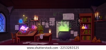 Magician room interior design. Vector cartoon illustration of mysterious lab with green potion boiling in cauldron, spell book floating in air, elixir bottles glowing on shelf, paper notes on wall