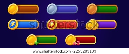 Game bars with gold coins, star, power symbol, plus and x2. Game UI interface elements with panels with badges with golden, silver and bronze coins, lightning sign, vector cartoon set