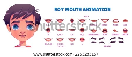 Boy mouth animation set isolated on white background. Lip sync collection. Vector cartoon illustration of child face elements with different emotions, sound pronunciation. Game character constructor