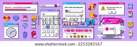 Old computer windows and icons set isolated on background. Vector illustration of retro 80s 90s pc user interface elements. Calculator, login, system error notification, emoji, thumbnails and files