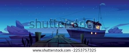 Fishing boats at pier in lake, river or sea harbor. Summer night landscape with dock with boardwalk, wooden boat and fishery ship, stones in water, dark sky with stars, vector cartoon illustration