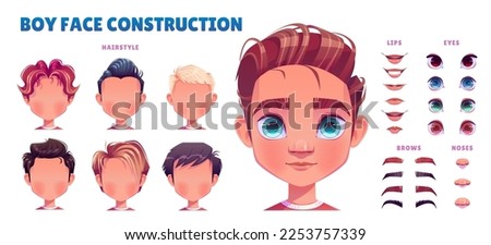 Boy avatar construction set. Child face creation with head parts, eyes, lips with different emotions, noses, hairstyles, brows isolated on white background, vector cartoon set