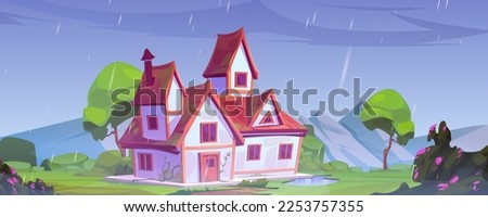 Rainy landscape, country house surrounded by beautiful mountain. Vector cartoon illustration of old cottage with red roof, summer garden with green grass, trees and blooming bushes under rain drops