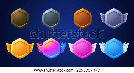 Game badges, buttons in hexagon frame with wings. Game medals, metal, golden, bronze, silver and gradient colored emblems, vector cartoon set isolated on background