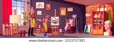 Teacher artist and student in art studio class. Drawing education, workshop, painting lesson. Classroom interior with canvas on easel, man and boy with palette and brush, vector cartoon illustration