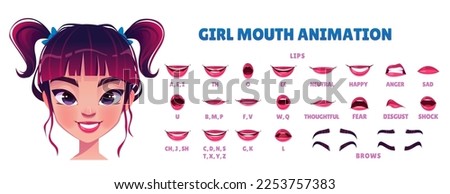 Asian girl mouth animation, pronunciation sync set. Child lips and brows movement in speech, mouth poses with different english phoneme and different emotions, vector cartoon set