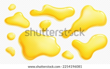 Orange juice, honey, yellow paint or oil spills and drops. Liquid puddles of clear fruit juice, sweet syrup, mango, lemon or pineapple drink, vector realistic illustration