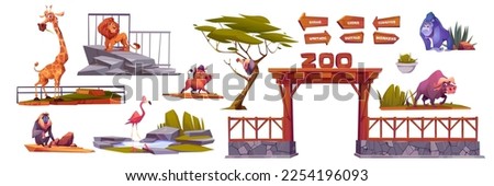 Zoo animals and landscape design set isolated on white background. Vector cartoon illustration of giraffe, lion, monkey, buffalo, warthog, flamingo, griffon, wooden entrance arch, tree, arrow signs