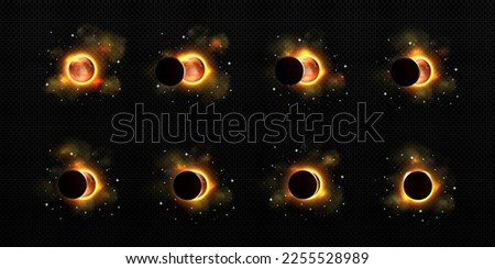 Sun and moon in solar eclipse in different phases. Outer space with total and partial solar eclipse, stars and smoke isolated on transparent background, vector realistic illustration