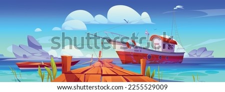 Fishing boats at pier in lake, river or sea harbor. Summer landscape with dock with boardwalk, wooden boat and fishery ship and stones in water, vector cartoon illustration