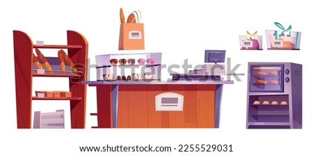 Cartoon set of bakery shop interior elements isolated on white background. Vector illustration of shelf with fresh baked bread, electric oven, bag of pastry, cakes, muffins on showcase, cash register