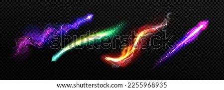 Realistic set of magic power neon light trails isolated on transparent background. Vector illustration of abstract colorful flashes from wizard spell or space blaster with sparkling arrow signs