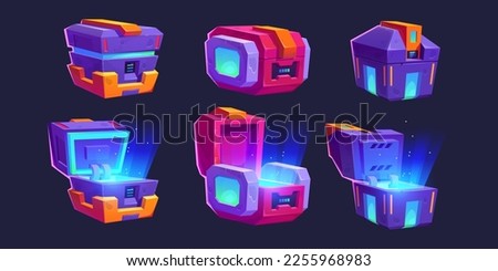 Game futuristic boxes, future technology chests open, closed. Icons of sci-fi equipment, loot boxes with electronic lock and display with neon light, vector cartoon illustration isolated on background