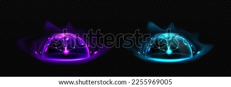 Realistic set of defense energy shields png isolated on transparent background. Vector illustration of purple, turquise neon glowing hemispheres with lightning strike effect. Magic protection bubble