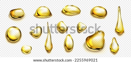 Golden drops and puddles of oil or liquid honey isolated on transparent background. Vector realistic set of gold drips of organic cosmetic or food oil, top view of clear yellow stains