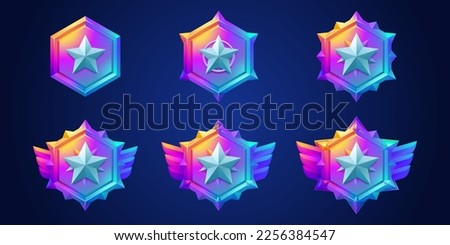 Game award badges, icons of ranking medals with star symbol. Winner achievement signs, gradient colored hexagon emblems with stars and wings, vector cartoon set