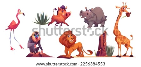 African wild animals from safari park, zoo or savanna in Africa. Cute characters of hippo, lion, giraffe, baboon, flamingo and warthog isolated on white background, vector cartoon set