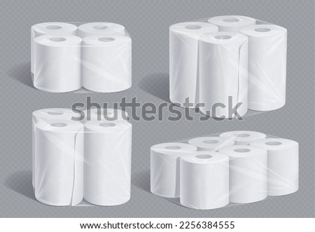 Realistic set of toilet paper and kitchen towel pack mockups isolated on transparent background. 3D vector illustration of soft white hygiene tissue rolls for bathroom packed in blank polythene