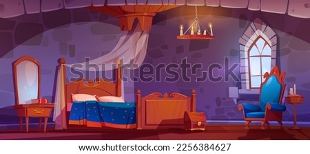 Bedroom in royal castle with wooden furniture and window. Luxury medieval room interior with canopy bed, dressing table with mirror, armchair, chest and candles, vector cartoon illustration