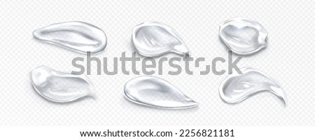 Swatches of gel, cosmetic product smears. Smudges of clear facial mask, serum, beauty fluid with bubbles isolated on transparent background, vector realistic illustration