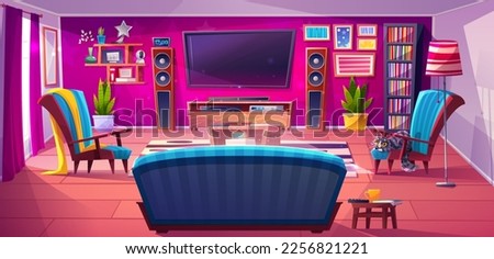 Cartoon living room with tv set, game console and furniture. Vector illustration of cozy boho style home with cute cat on armchair, sofa, lamp, flower pots, books on shelf, pictures on pink wall
