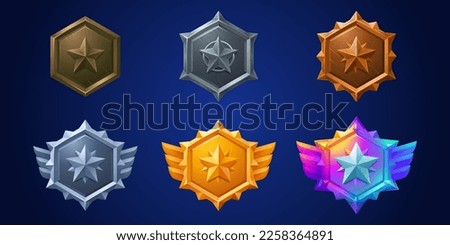 Military game ranking badge set with star insignia. Vector cartoon illustration of award medals with stone, iron, silver, gold texture and scretches. Level achievement icons decorated with wings