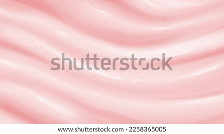 Realistic pink scrub or yoghurt background. Abstract glossy surface of cosmetic face cream or gel texture with abrasive particles, strawberry dessert, pastel color paint pattern. Vector illustration