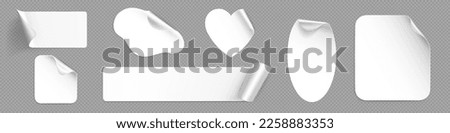 Peel off stickers, white paper patches mockup. Blank labels of different shapes heart, square, oval and rectangular with curve edges isolated on transparent background, Realistic 3d vector icons set