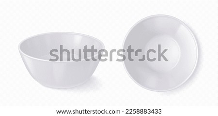 Empty white bowl, deep plate for liquid food, soup, sauce, rice or porridge. Mockup of round ceramic dish, kitchen tableware in top and side view, vector realistic illustration