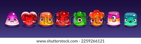 Cute jelly characters for ui game design. Alien creature from slime, candy monsters with different face emotions. Fantasy avatars of jelly mascots, vector cartoon set
