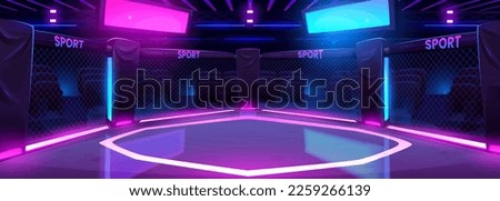 Cartoon mma ring illuminated with neon lights. Vector illustration of arena with ropes for sports competition, wrestling match, night show. Empty seats, blank score screens. Betting app background