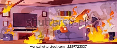 Fire in home, living room with burning broken furniture and wooden floor. Concept of disaster, accident with empty house interior with flame and smoke, vector cartoon illustration
