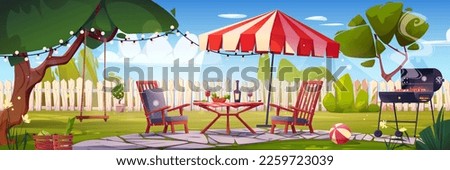 BBQ party on backyard. House patio with fence, furniture for picnic with barbecue, green grass and tree. Summer landscape of yard with table, umbrella, grill and swing, vector cartoon illustration