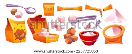 Cartoon set of sugar in different packages isolated on white background. Vector illustration of white and brown sugar powder and cubes in spoon, box, craft paper bag, sack, stick. Food sweetener