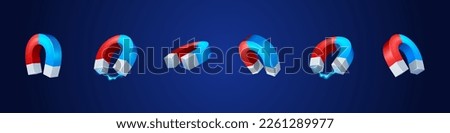 Icons of magnet in horseshoe shape with electromagnetic force field. 3d magnet with red and blue parts and electric lightning, vector realistic set isolated on background