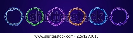 Ui circle border for profile avatar in game with electricity lightning effect. Neon thunderbolt frame set vector isolated. Different fantasy interface elements for user wreath. Winner ring design.