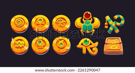 Cartoon set of ancient Egyptian game coins isolated on dark background. Vector illustration of golden money, medals, scarab or ankh amulets decorated with gems, antique symbols. Pharaoh treasure icons