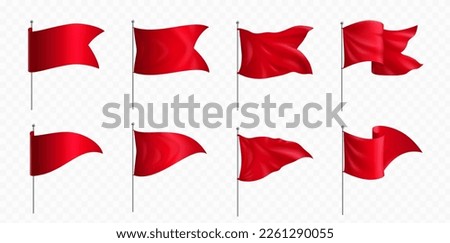 Red flags and pennants on poles mockup. Blank fabric banners triangle, rectangle and corner shape on steel stand isolated on transparent background, vector realistic set