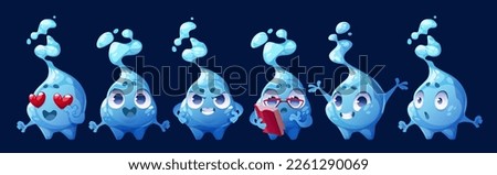 Vector cartoon set of isolated water drop mascot emoticon. Cute character with smiley or love expression, surprised, angry,in glasses reading book. Funny aqua hero icon for animation with eyes, hands.