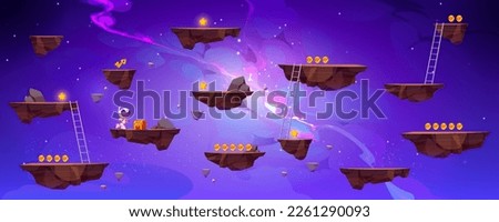 Flying rock islands vector game space background landscape. Cartoon planet in galaxy for arcade videogame. 2d ui level map with floating platform with gold goin in fantasy universe. World asset design