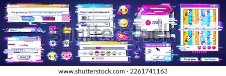 Glitch in retro computer system. Vector illustration of distorted 90s style software windows, error warning, loading progress bar, login box, online game, emoji, folder and file icons on desktop