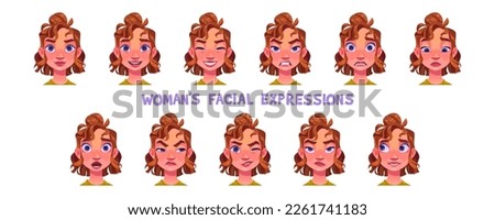 Woman facial expressions isolated vector illustration. Set of female face avatar with different emotion. Girl character is angry, happy, upset, surprise or ashamed. User animation head collection.