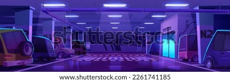 Underground car garage with entrance to mall vector illustration. Full parking in building basement interior cartoon background. Indoor parking with no free space. Urban game scene at night.