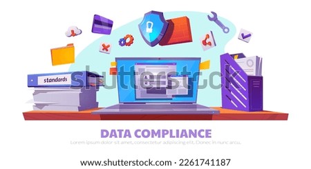 Data compliance cartoon banner template. Vector illustration of laptop, shield lock, credit card, folder with papers, brick wall, cloud and checkmark icons. Symbols of information security protection