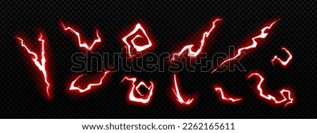 Thunder game lightning effect vector set. Isolated magic red neon effect for animation. Strike png element for spell shot. Bright attack action or blast design.