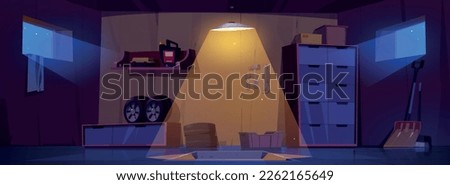 Cartoon garage interior design at night. Vector illustration of dark auto repair shop with pit illuminated by lamp light, instruments on wall, car tyres on shelf and box with equipment on floor