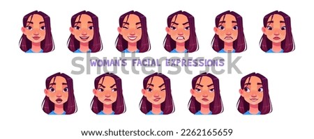 Asian woman facial expressions isolated on white background. Vector cartoon illustration of happy, sad, surprised, tired, scared, angry, upset, winking female face. Game character or avatar design